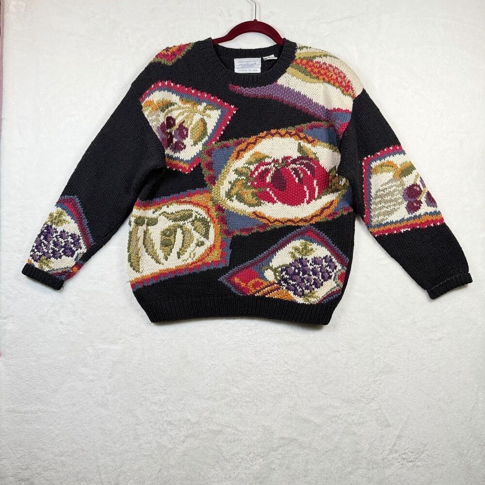 Vintage Northern Isles Hand Knit Intarsia Fruit Vegetable Sweater Womens M Ramie